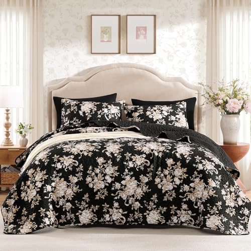 Image of Andency Quilt Queen Size, Black Flower Bedspread Queen Size, 3 Pieces Soft Bedding Set, Lightweight Coverlet Set for All Season with 2 Pillowcases (96 inchx90 inch)