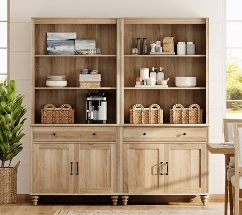 WAMPAT 72'' Tall Kitchen Pantry Cabinet with Shelves, 34'' Wide Dining Hutch with Drawers and Doorss, Farmhouse Pantry Storage for Kitcen, Home Decor, Living Room, Home Office, Oak