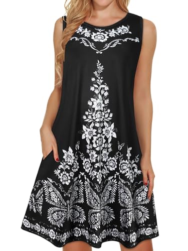 Image of elescat Women's Summer Dresses 2026 Beach Casual Sleeveless Floral Print Tank Loose Sundress with Pocket