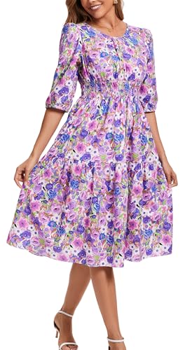 Image of Kormei Women Summer Casual Boho Floral Round Neck 3 /4 Sleeve Smocked Waist Tiered Flowy Swing Midi Dress S Purple /Blue Floral