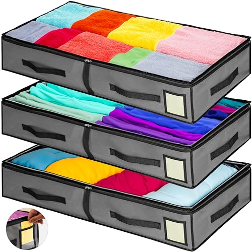 Pack of 3, 90L Foldable Under Bed Storage Bag With Zip & 5 Strong Handles. Transparent Upper Layer & Tag Pocket. 90L Capacity