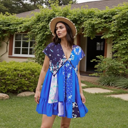 Image of SOOKABEILA Women's Boho Mini Dress Y2k Floral Print Deep V-Neck Puff Sleeve Short Dress 2025 Summer Loose Beach Sundress