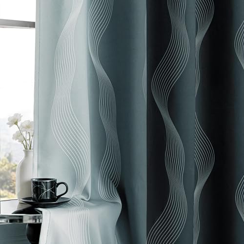 Image of MYSKY HOME Grey and Greyish White 95% Blackout Ombre Curtains 84 inch Long 2 Panels Set for Living Room Bedroom Black Out Thermal Insulated Energy Saving Wave Line Foil Print Grommet Drapes, 52 inch W