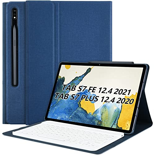 KBCASE Étui Clavier avec pour Samsung Galaxy Tab S8+ 2022 & Tab S7 FE & Tab S7 + / Tab S7 Plus 12.4', Détachable Clavier Bluetooth sans Fil, AZERTY Français