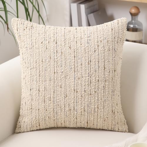 GIKKEARL 1 housse de coussin décorative en boucle texturée à rayures neutres et modernes pour lit, canapé, chaise, 45 x 45 cm, crème brûlée