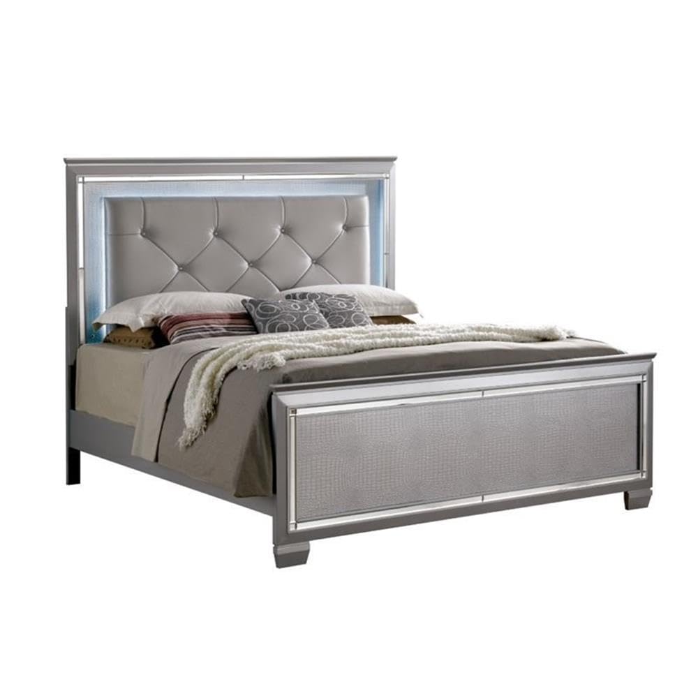 BOWERY HILL Contemporary Wood Queen LED Panel Bed, Silver Finish, Faux Leather Padded Headboard with Acrylic Button Tufting, Mirror Trim, Crocodile