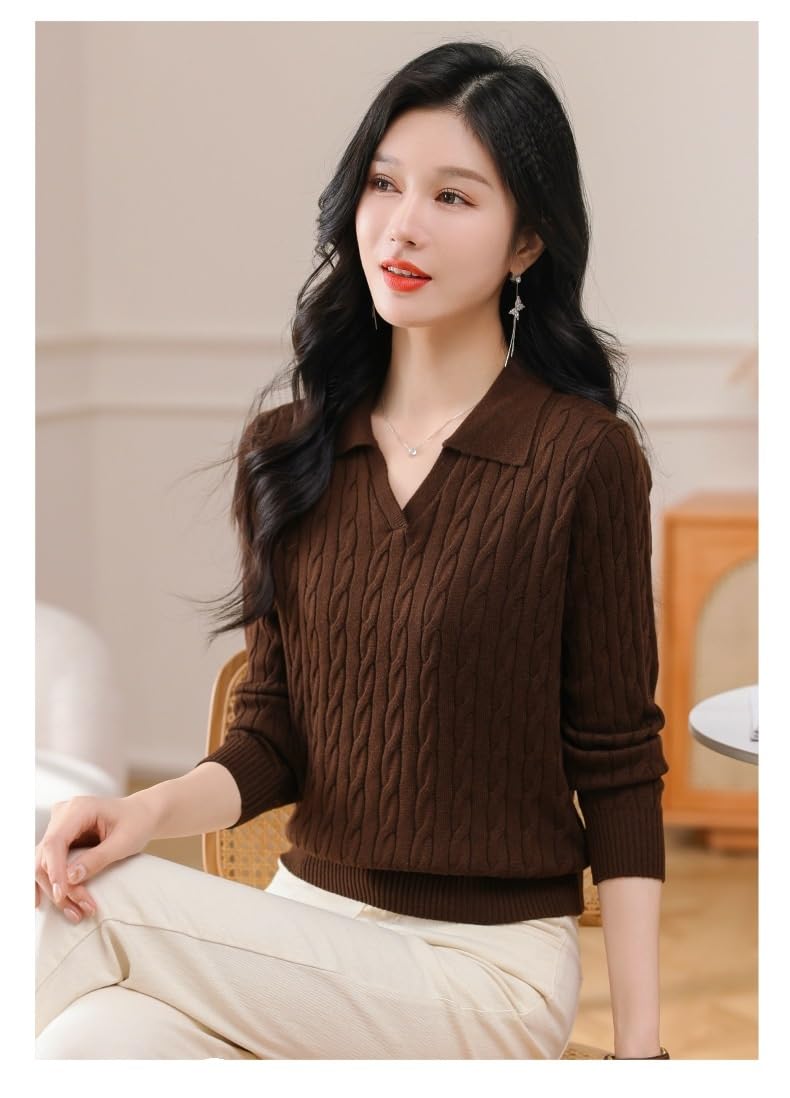 Maglioni da Donna con Scollo a V, Maglione Lavorato a trecce, Pullover Casual Elegante, Top Autunno Inverno alla Moda(Brown,M)