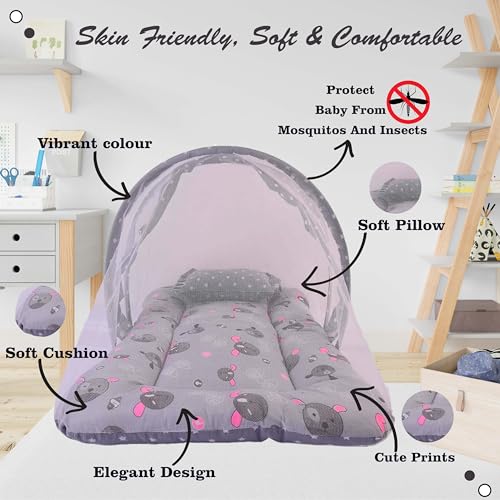 Image of Kwitchy Baby Bedding Set New Born Baby Bed | Mattress | Mosquito Net | Gadda Set | Bed | Cotton | Essential Combos | Gift Pack | Boys & Girls (0-6 Months, Grey) (4PCS Set)