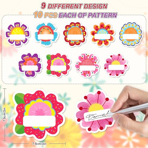 Image of Whaline 90 Pcs Back to School Floral Name Tag Stickers Colorful Funny Flower Shape Nameplates Self-Adhesive Label Decals for Students Desk Classroom, 9 Designs