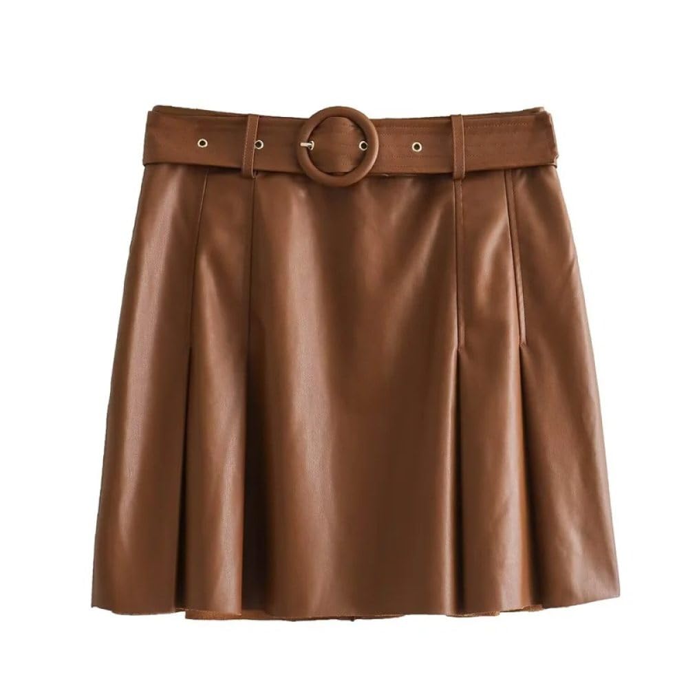 SWEPER Jupe Courte Femme - Mini Jupe Plissée en Cuir pour Femmes, Rétro Américain avec Ceinture, Slim, Ligne A, Couleur Unie, Au-Dessus du Genou, Hiver