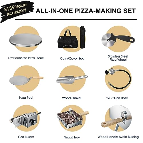 ABORON Pizza Oven Outdoor,13" Multi-Fuel Rotatable Pizza Ovens,Portable Wood Fired and Gas Pizza Oven,Stainless Steel 3-Layer Oven,Pizza Maker with Built-in Thermometer,Pizza Cutter & Carry Bag