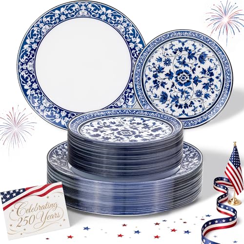 Hioasis 60pcs Blue Plastic Plates Set - Floral Blue & White Porcelain Design 10.25 Dinner & 7.5 Dessert Plates Disposable for 4th ofJuly & Wedding (Dishwasher Safe Art Style)