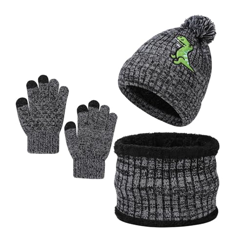 Bonnet d'hiver en tricot dinosaure anti-courants d'air avec écharpe et gants
