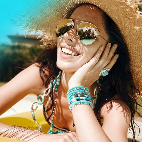 64 Pcs Western Cowgirl Turquoise Beaded Bracelets Set Bohemia Stretch Charm Natural Stackable Party Favor Bracelet Pack Beach Western Jewelry for Summer Women Goody Bag Fillers Party Favors2