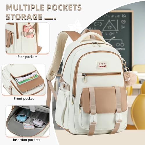 School Backpack for Teen Girls College Backpacks for Women Students Bookbag Large 15.6 Inch Laptop Bags Kids Kindergarten Elementary Middle School Bag Anti Theft Daypack Travel Back Pack Beige4
