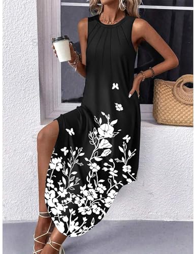 Image of Zeagoo Women Floral Summer Casual Beach Printed Tank Dress with Pockets Pleated Front Long Dress