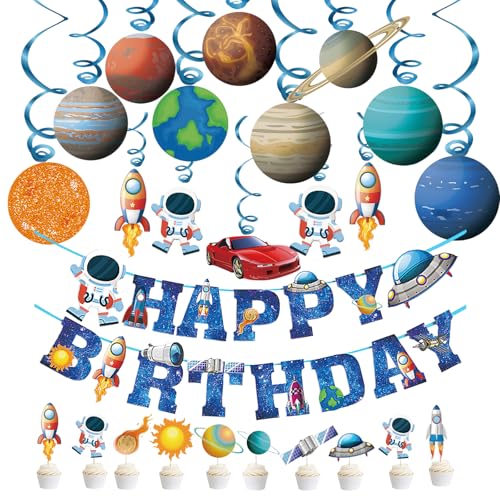 Jogo de decoração de planetas, modelo de sistema solar, decoração espacial para quarto infantil com astronautas e foguetes, grinalda espacial para festa de aniversário