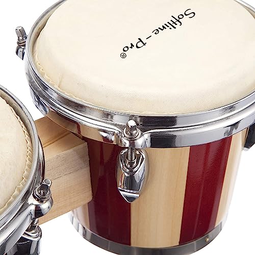 Image of Softline Pro Bongo Drum Set with Tuning Wrench & Padded Professional Wooden Percussion Instrument for Beginner Adults Kids - Natural Skin (Red Stripe - Premium)