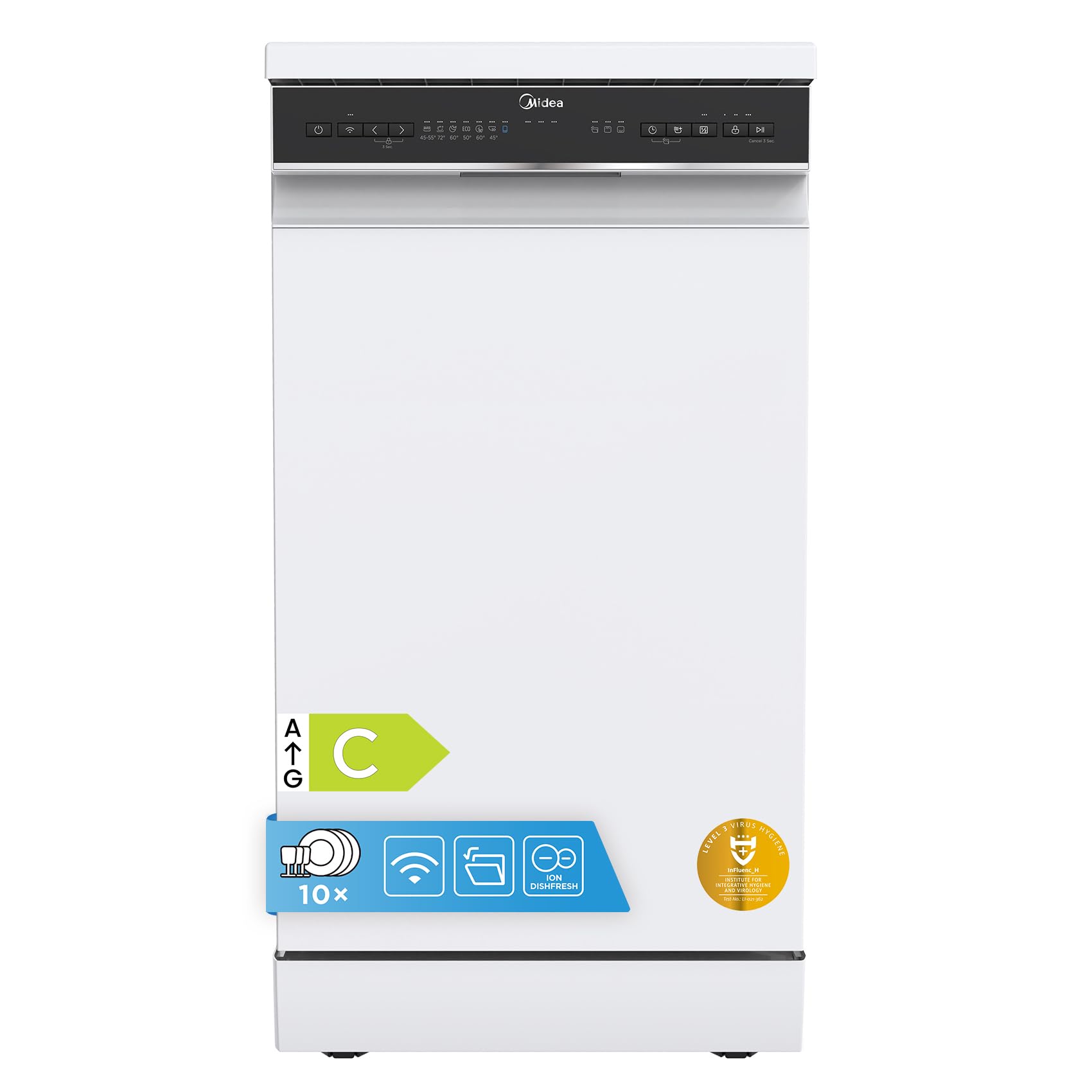 Midea Slimline Dishwasher - 10 Place Settings - White - Auto Open Dry - WiFi Connected