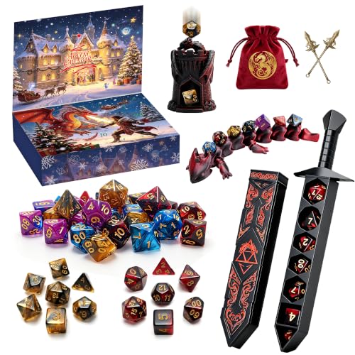 Advent Calendar 2026 DND Dice Set with 3D Printed Dargon, Dice Tower, Sword
