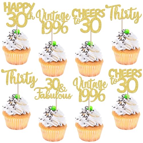 30PCS Vintage 1996 Cupcake Toppers Glitter Thirty Happy 30th Birthday 30 Fabulous Cupcake Picks Cheers to 30 Years for 30th Birthday Wedding Anniversary Party Cake Decorations Supplies Gold