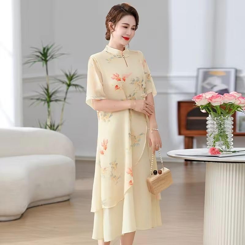 Robe chinoise d'été ample en patchwork de coton imprimé style Qipao chic - 2