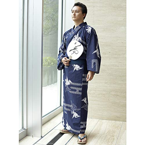 YUKATA men with wide sash belt. made in Japan. japanese robe for men Midori Yukata Kimono ”Navy Paper Crane/紺折鶴”4