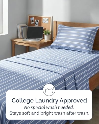 Image of Twin XL 4 Piece Sheet Set - College Dorm Room Essentials - Blue Stripes | Ultra Soft Dorm Bedding Set, 8 inch to 16 inch Inch Deep Pockets, 1 Flat & 1 Fitted Sheet & 2 Pillowcases, Wrinkle & Fade Free