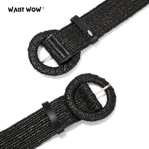 Image of Straw Woven Elastic Belt for Women Stretchy Belts for Dress Fashion Boho Waist Belt Rattan Raffia Ladies Belts
