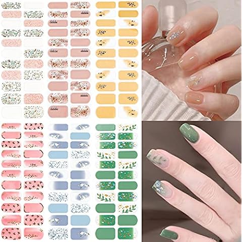 NAILDOKI Nail Stickers 6 Sheets x 22 Pieces Full Wraps Nail Polish Strips, Self-Adhesive Gel Nail Art Decals for Women Girls Cover