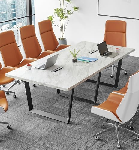 ahliss Sturdy Conference Table with Cable Management Grommets Modern Rectangle Office Meeting Table with Wood Tabletop and Metal Frame & Legs- Easy Assembly Boardroom Table (White Marble, 8 Foot)