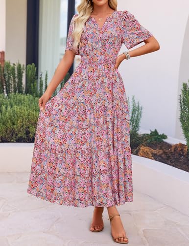 Image of ZESICA Women's 2026 Summer Spring Floral Boho Maxi Dresses Casual Short Sleeve V Neck A Line Flowy Beach Vacation Dress