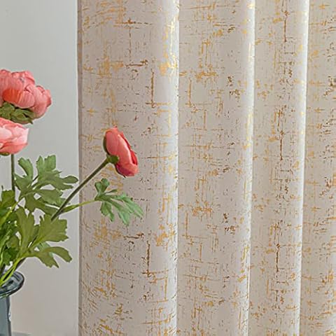 Taisier Home Gold Foil Print Linen Textured Curtains Geometric Dots Pattern Design Curtains for Bedroom Living Room Thermal Insulated Window Treatment 2 Panels 72" L,Beige and Gold Curtains Print Cover