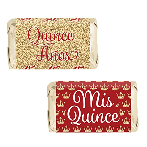 DISTINCTIVS Red and Gold Quinceañera Mini Candy Bar Wrapper Stickers, Mis Quince Party Favors - 45 Stickers