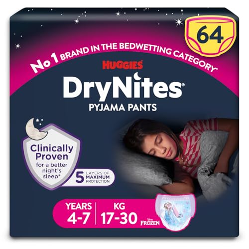 Huggies DryNites Pyjama Pants Girls 4-7 Years (17-30KG) Up to 100% Leak Free Nights Bedwetting Pants 64 Count