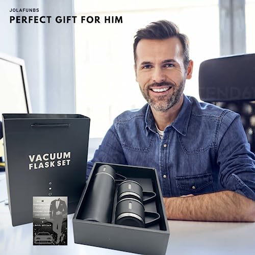 Mens Gift Set Vacuum Insulated Flask 500ml Stainless Steel Thermo Bottle With 2 Plastic Cups For Coffee Water Hot & Cold Drink Flasks With Men Black Cards - Image 2