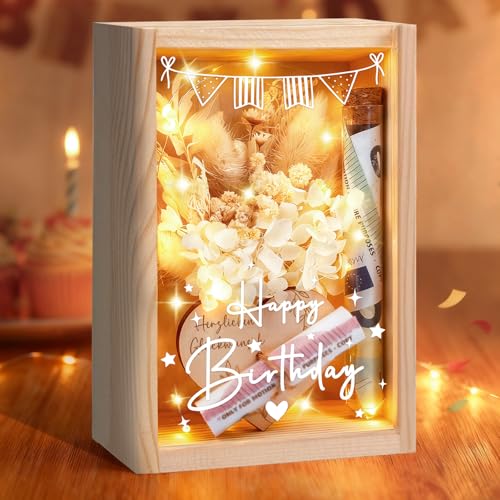 Geldgeschenke Geburtstag, Geldgeschenke Verpackung Geburtstag， inklusive Holzbox + Trockenblumen + LED Lichterkette + Reagenzglas + Geburtstagskarte, Geburtstagsgeschenk f&uuml;r Frauen M&auml;nner