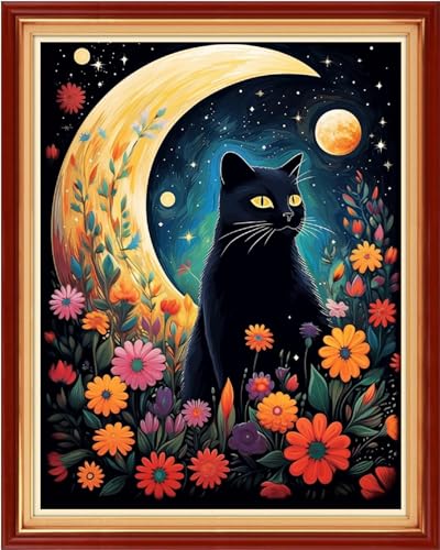 Image of Dimxvean Stamped Cross Stitch Kits,Cross Stitch Kits for Adults Beginners,Embroidery Kits Full Range of Cross Stitch Stamped Kits Needlepoint Kits Cross Stitch Patterns-Moon Cat 16x20 inch