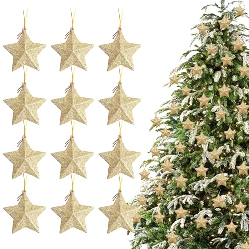 HIGA-JKL 12 Stück Funkelnde Weihnachtssterne Anhänger 7.5cm Gold...