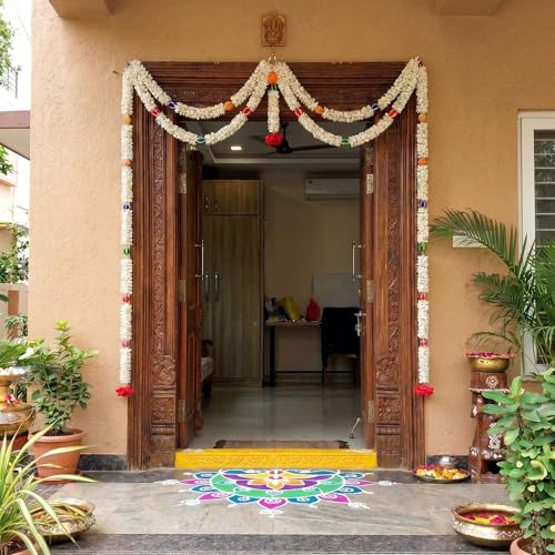Image of ALOUD CREATIONS 4Pc Fluffy Artificial Jasmine Flower (Mogra) Garland with Decorative Balls and Rose Hangings | Garland Latkan Toran for Door Entrance, Pooja Room, Festive Backdrop | 5 Feet (60 inch)