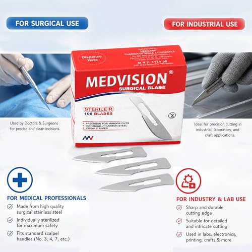 Image of Surgical Blades, 100 pieces sealed box, one complementary scalpel handle,sterilised by Gamma Radiation, made of carbon steel, single piece individually foil pack,ISI mark,made in India,surgeon /doctor scalpel blade for medical and industrial use, all sizes to choose from in options (15)