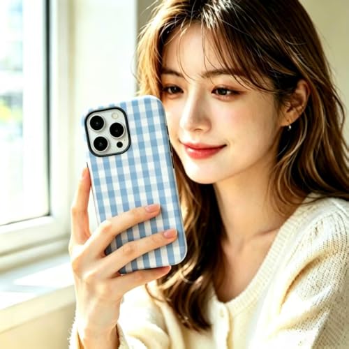 Image of for iPhone 13 /14 Case Cute Phone Case,Compatible with MagSafe,Dual Layer Shockproof Protective Phone Cover,Hard Shell + Silicone Cover,Fashion Design for Women Girls,Blue and White Plaid