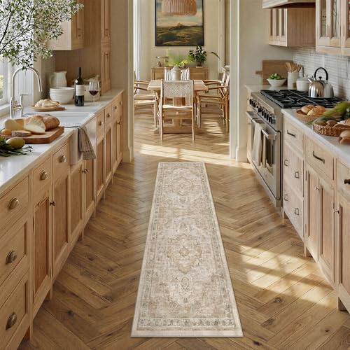 Image of 2x8 Washable Runner Rug Light Brown Non Slip Distressed Carpet | Low Pile,Lightweight,Stain Resistant,Durable,Hallway,Kitchen,Bathroom,Front Door,Beside Bed