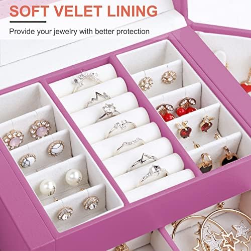LATIT Jewellery Box Organiser Three Layers PU Leather Jewelry Storage Case for Rings Earrings Necklace Bracelets Faux Leather Jewelry Gift Box Girls Women-PURPLE