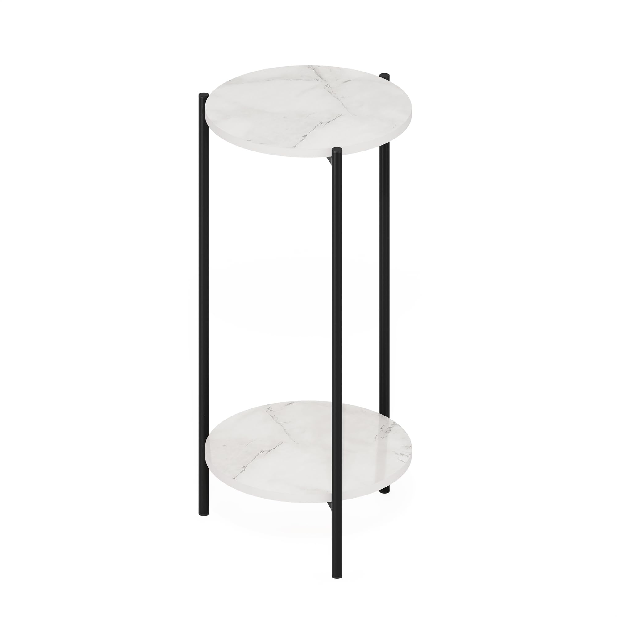 Furinno BESI Mesa Auxiliar Redonda Alta de 2 Niveles con Patas de Metal, mesita de Noche con Estructura de Metal con Estante Abierto, para Sala de Estar, Dormitorio, mármol Blanco