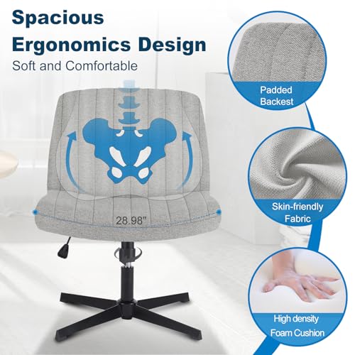 Image of DUMOS Criss Cross Chair No Wheel Legged Office Wide Comfy Desk Vanity Chair, Armless Computer Task Seating Comfy Fabric, Swivel Home Height Adjustable for Bedroom, Study, Grey No Wheel