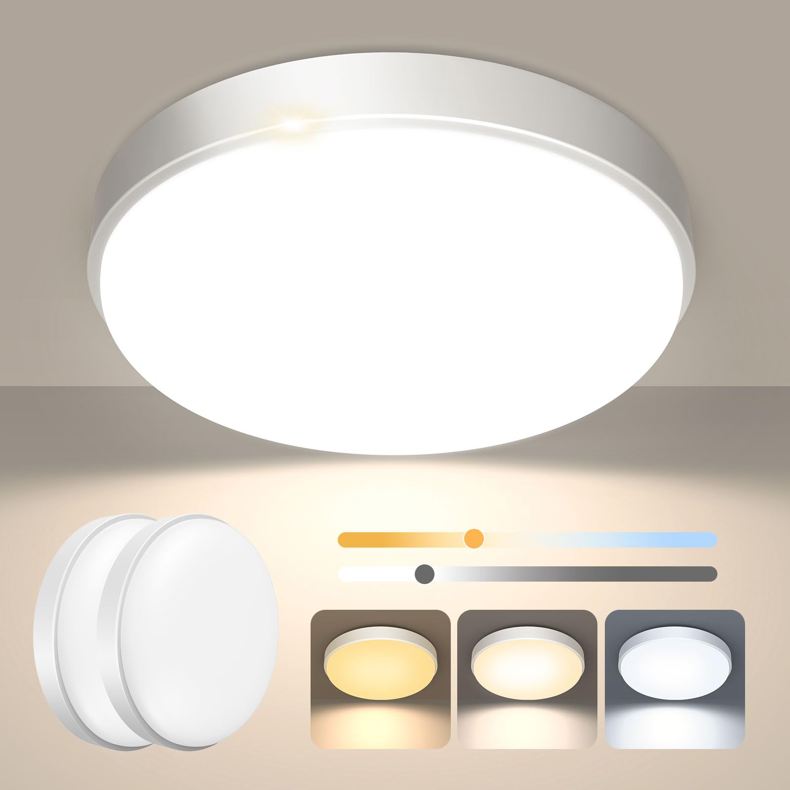 OOWOLF Led Ceiling Light - 2 Pack 24W 2400LM Metal Base 3000K/4000K/5000K Waterproof IP44 Fitting for Bathroom Bedroom, Kitchen, Hallway, Living Room, Toilet, Shower (2, White)