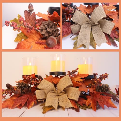 Fall Candle Holder Centerpiece with Maple Leaves, Pinecones, Berries & Burlap Bow,Thanksgiving Table Centerpiece Decoration for Dining Table, Mantel & Autumn Harvest Home Décor by Eksen - Image 7