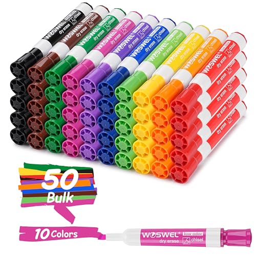 WOSWEL Dry Erase Markers Bulk, Chisel Tip Whiteboard Markers, Low Odor Thick Dry Erasable Markers, 50 Count 10 Assorted Colors for Teachers, Classroom, Office & Home Use