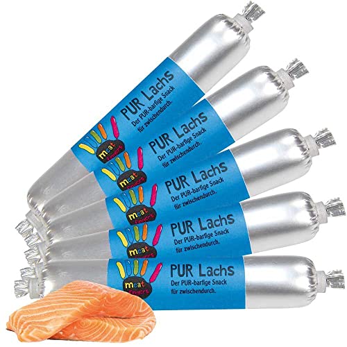 Schecker Hundewurst - Meatfingers PUR Lachs - grob-stückige Mini Fleischwurst ohne Gewürze - ohne jegliche Zusatzstoffe 5 x 70 g